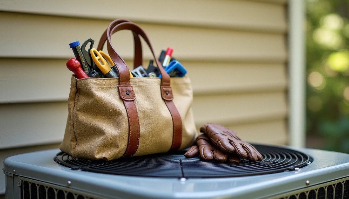 Canvas tool bag and leather work gloves resting on top of an outdoor AC unit beside a vinyl-sided house