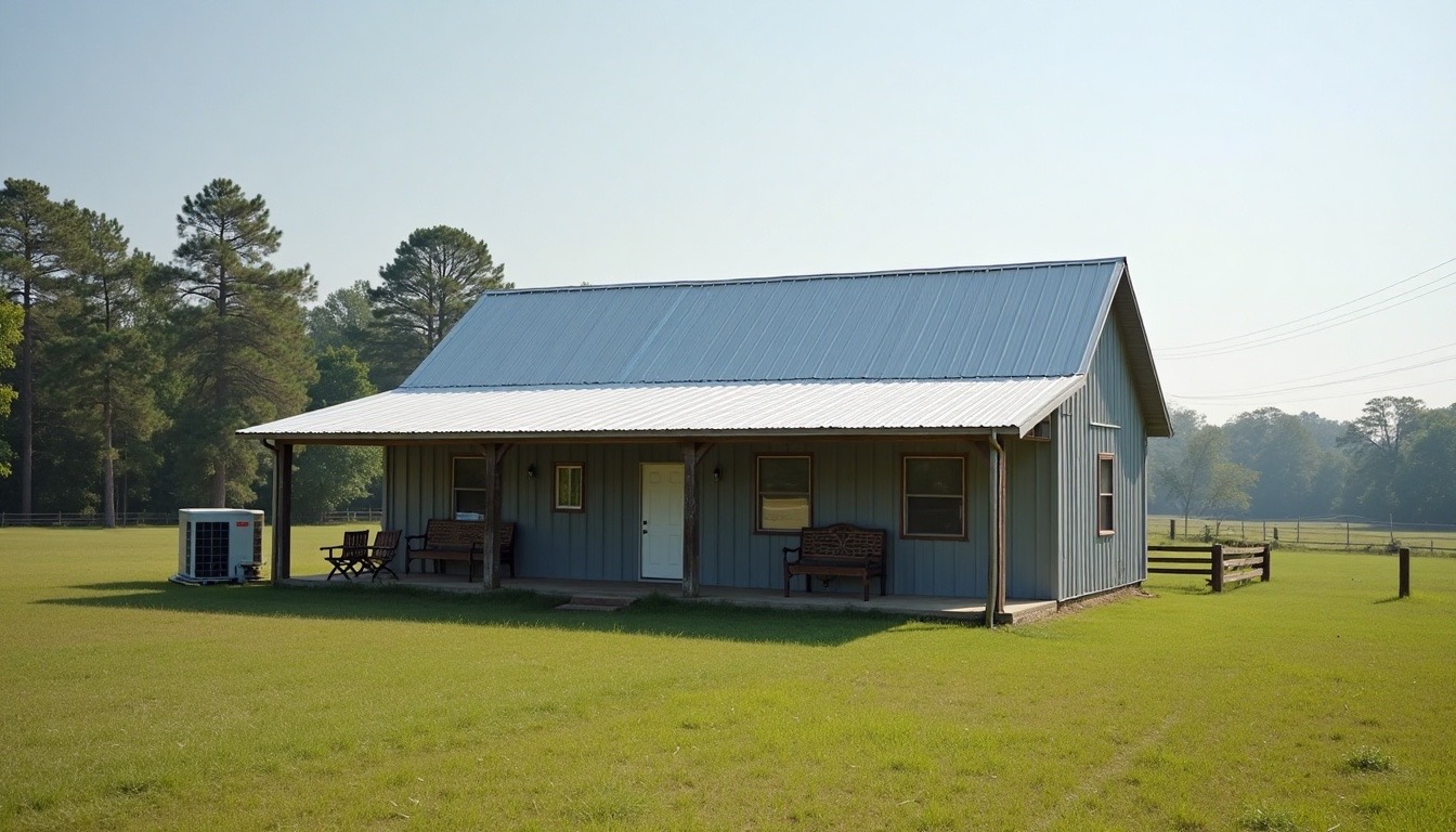 Country home with a metal roof on a large lot near Coker, with a heat pump outdoor unit beside the porch and pines behind