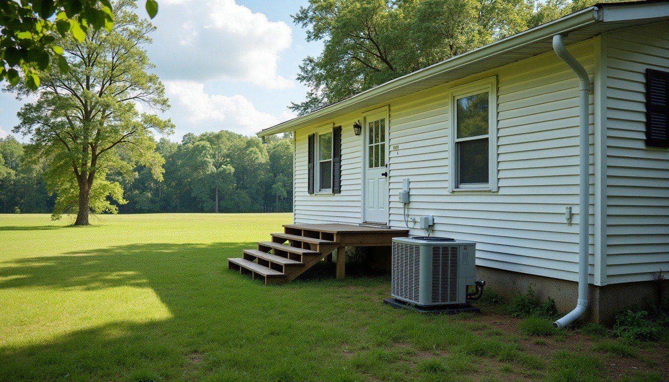 Single-story farmhouse with an outdoor AC condenser beside the back steps and an open field behind it on a summer morning