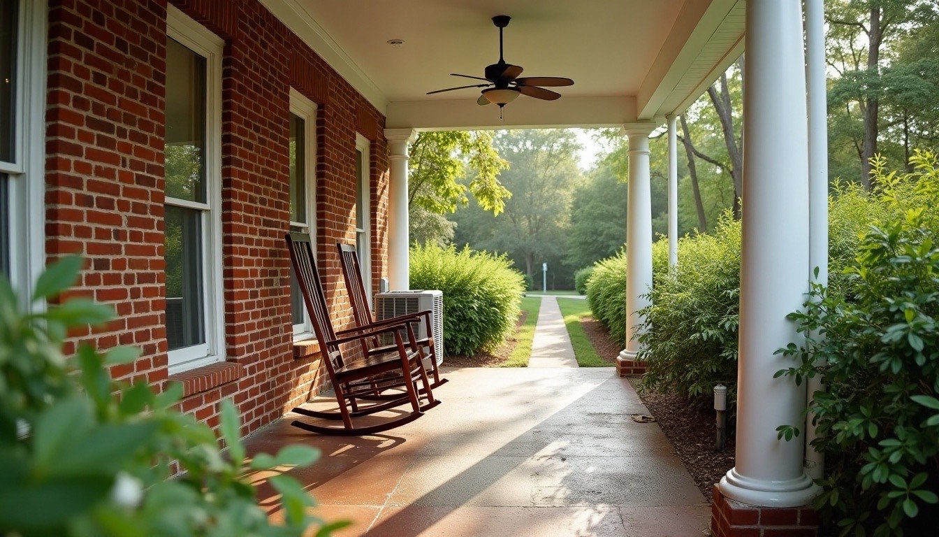Shaded front porch of a brick home with a ceiling fan and rocking chairs, an outdoor AC unit at the corner of the house