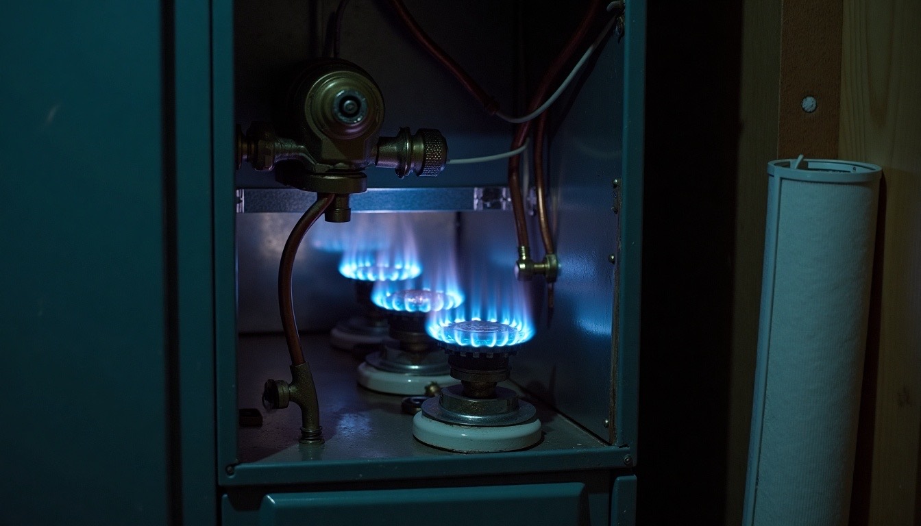 Blue burner flames inside an open gas furnace lit by a flashlight in a dim utility closet