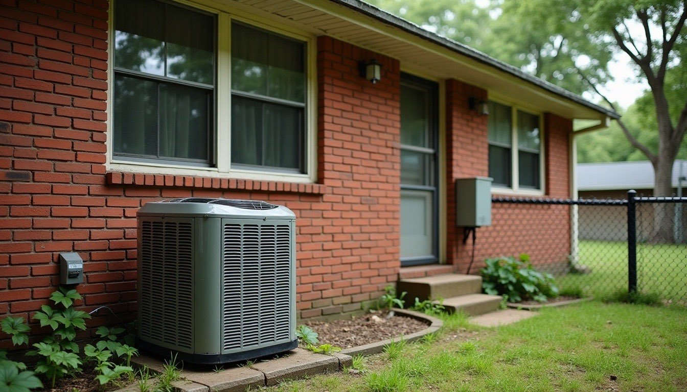 Mid-century brick cottage with an older outdoor AC condenser behind a chain link fence under oak shade in summer light