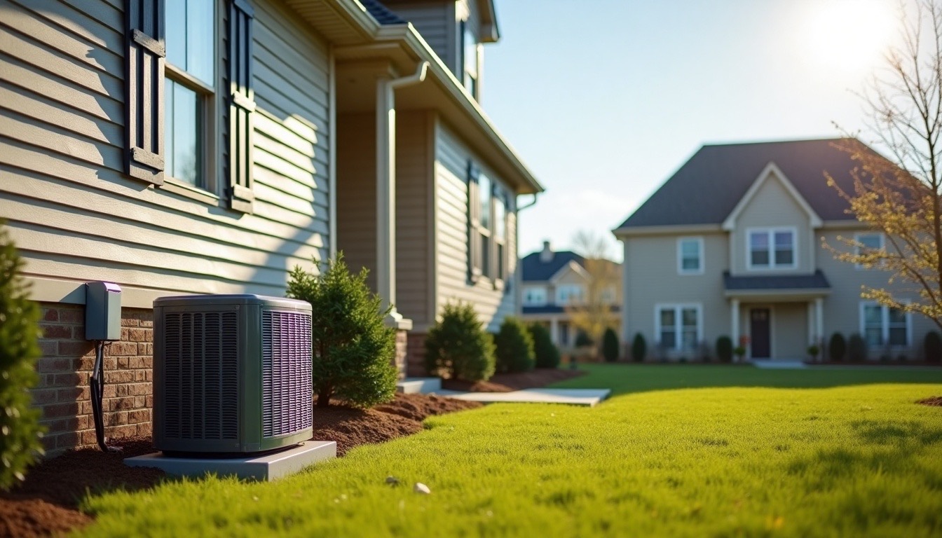 Two-story house in a newer subdivision with a heat pump outdoor unit beside a freshly sodded lawn on a bright morning