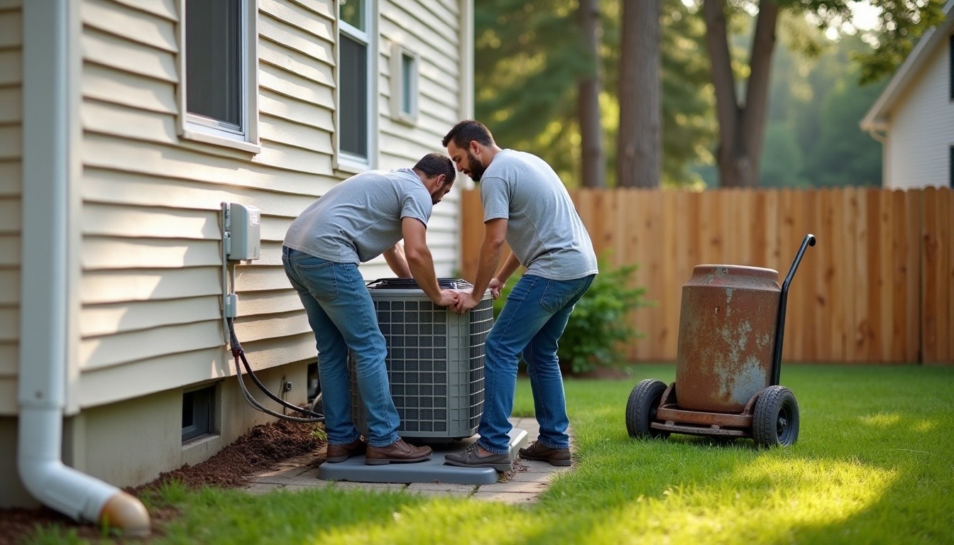Two technicians lifting a new outdoor air conditioner onto a fresh pad beside a two-story vinyl house, the old unit on a dolly nearby