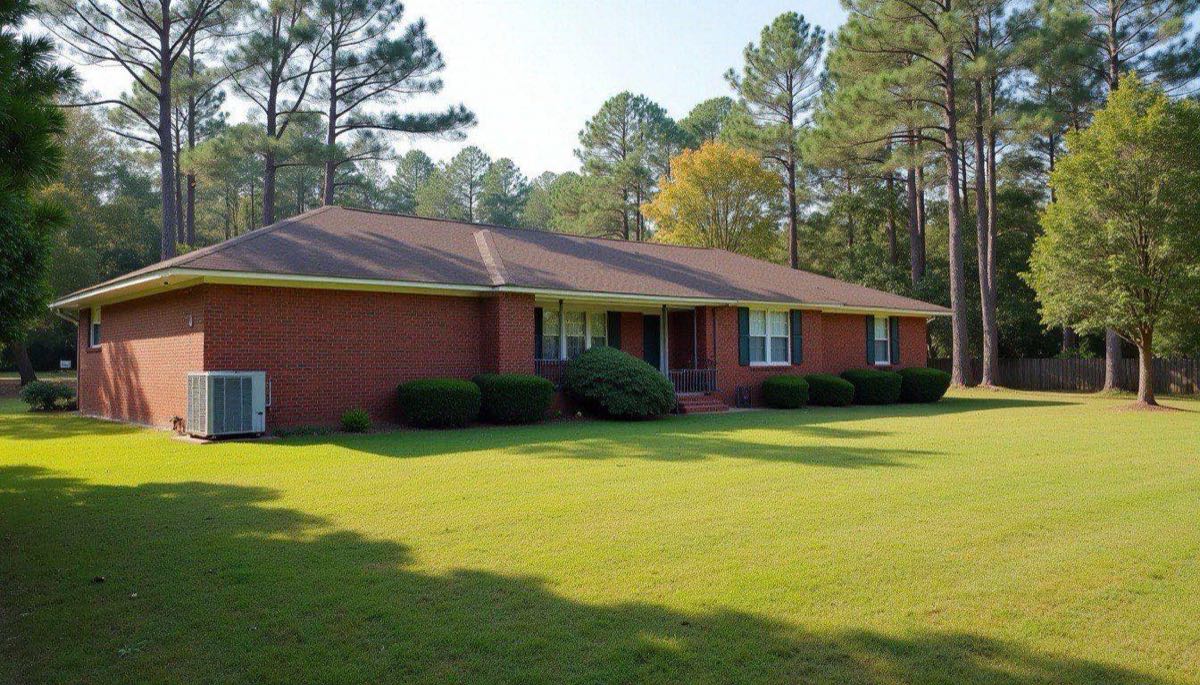 Brick ranch home on a large rural lot with a heat pump outdoor unit at the side of the house and pine trees behind it on a clear morning