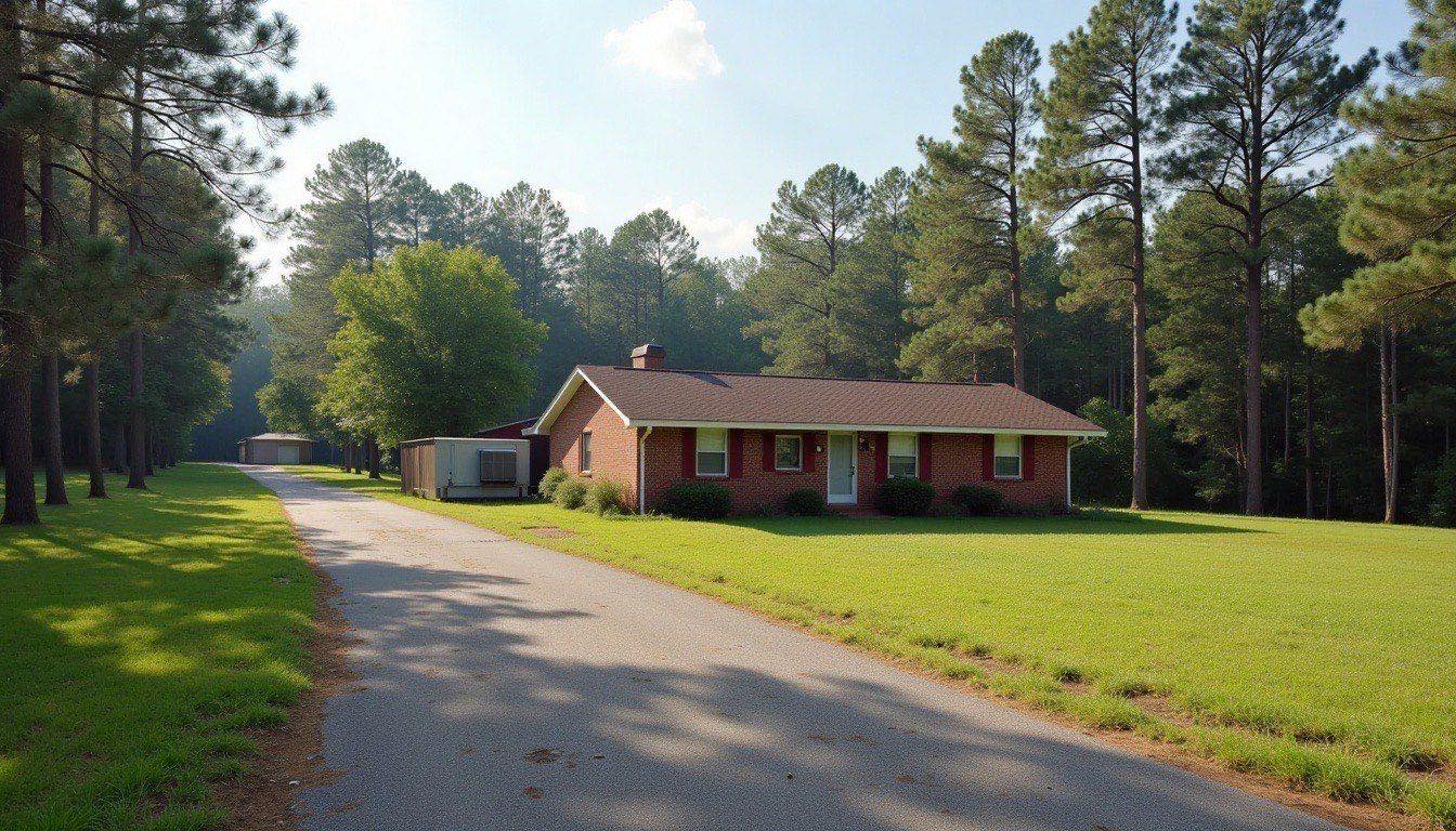 Brick ranch home set back from a two-lane country road with pine woods behind it and an outdoor AC unit at the side